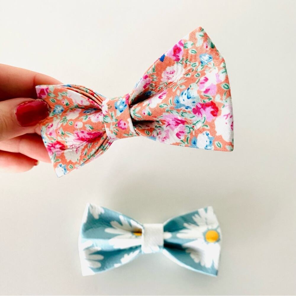 2 NEW HANDMADE Light Blue Pink Orange Floral Dog Cat Pet Collar Elastic Bow Tie